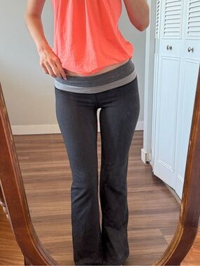 lululemon athletica Black Boot-Cut Yoga Pants with Gray Fold-Over Waistband